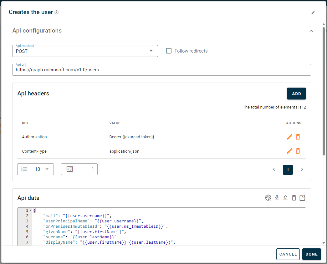 The configuration panel of the user creation node